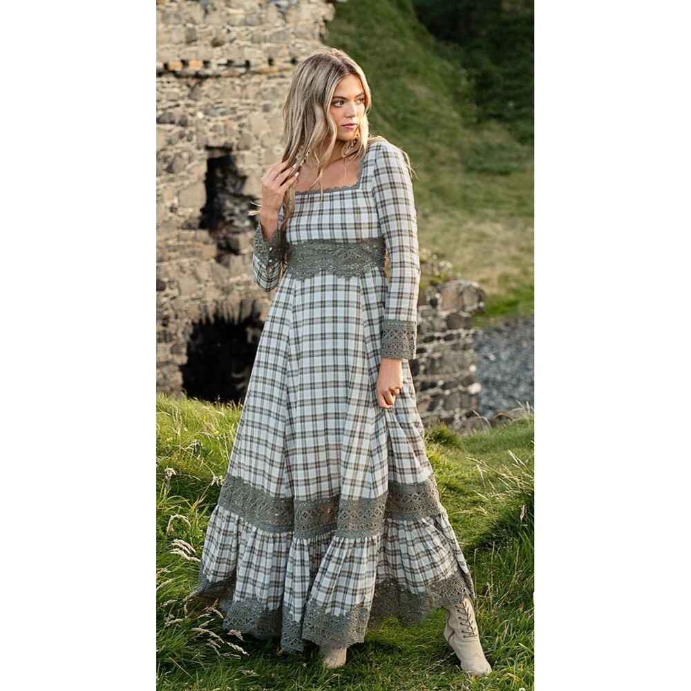 Joy Folie Rosi Dress Smoke Blue Plaid Green Boho Prairie Farm XS Lace Rodeo